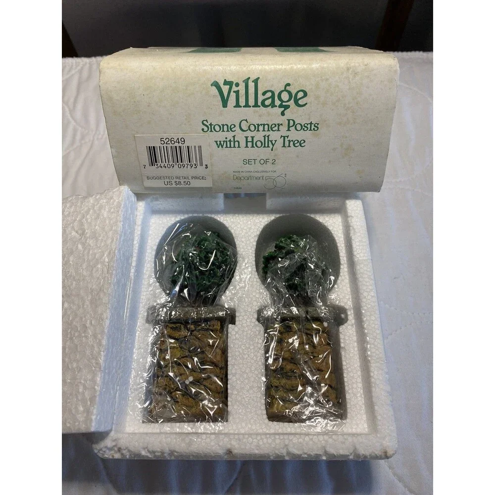 Dept 56 - Snow Village Stone Corner Post w/ Holly Tree  - 52649 - Set of 2 -NOS